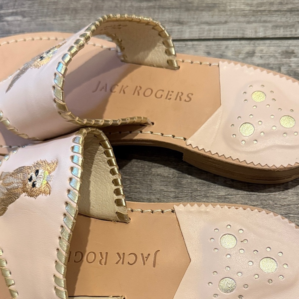 Jack Rogers Blush Leather Embroidered Puppy Thong Sandals with Gold Trim - Picture 2 of 3